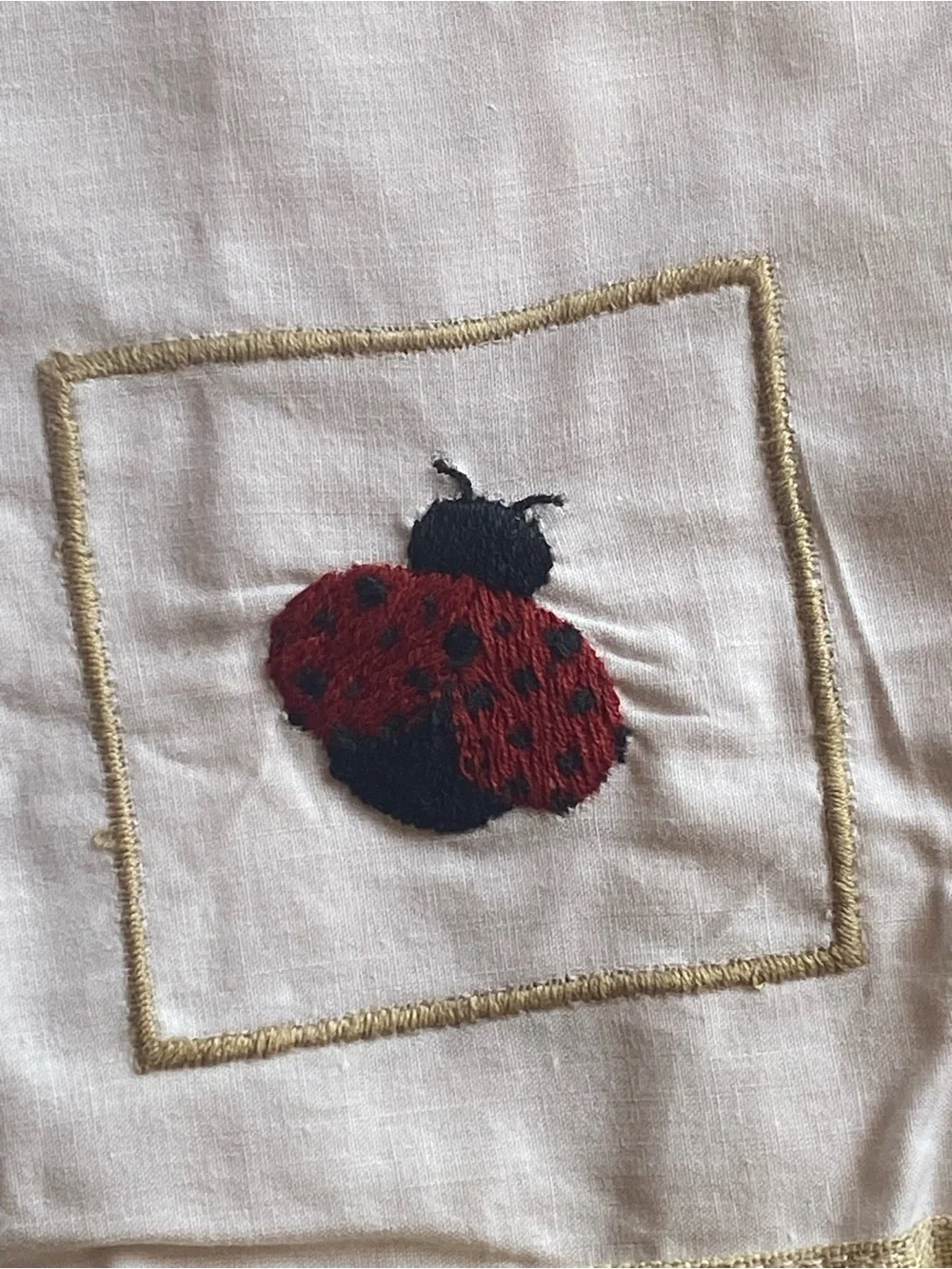 2 Hand Embroidered Cotton Valances Ladybug Bee Dragonfly Farmhouse Cottage